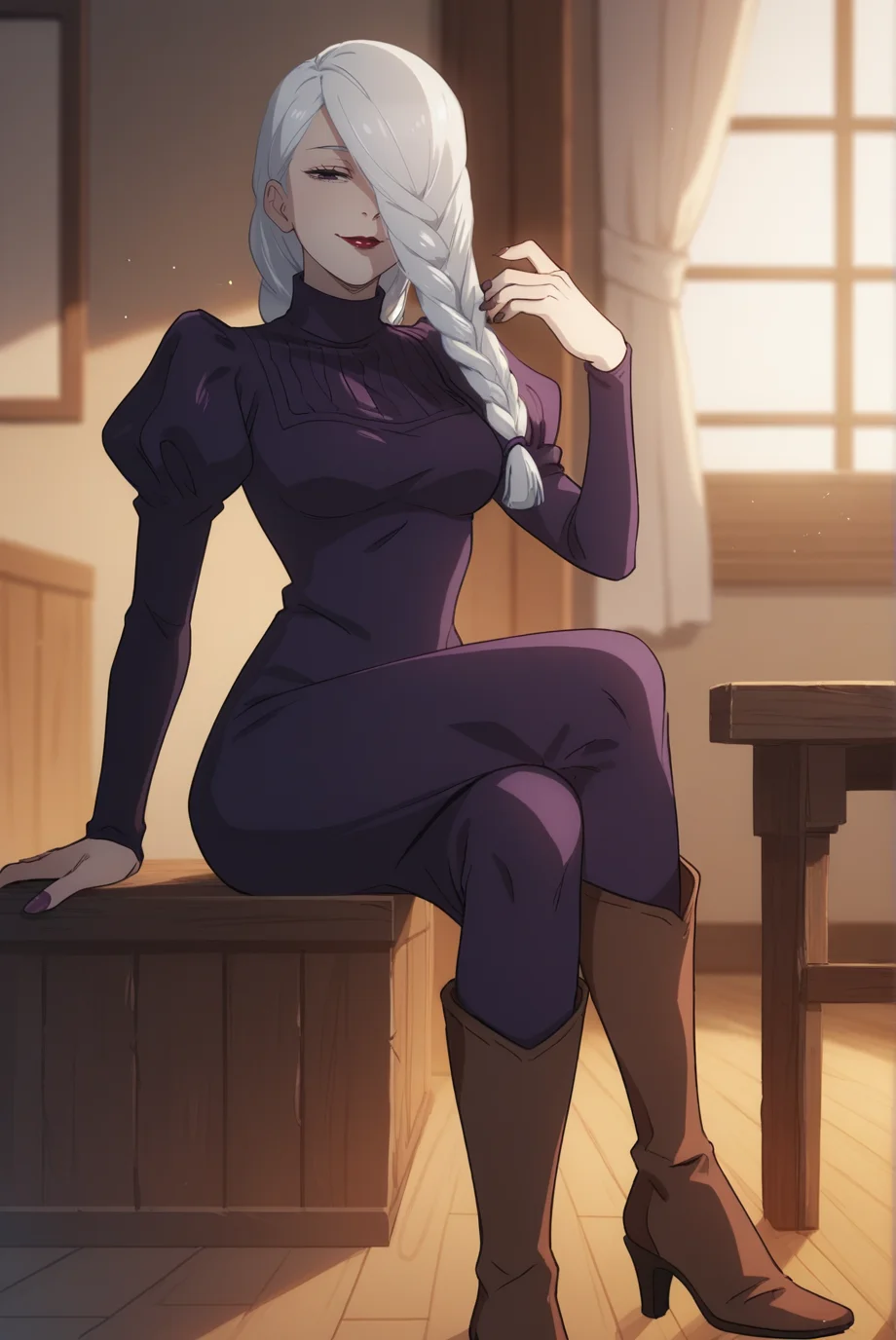 score_9, score_8_up, score_7_up, score_6_up, score_5_up, score_4_up, BREAK source_anime, 1girl, solo,
<lora:MeimeiXL-v1-06:0.8>, ChopioMeiMei, white hair, looking at viewer,
medium breasts, purple nails,
long hair, braided ponytail, hair tie, front ponytail, hair over one eye, purple eyes, red lipstick, half-closed eyes,
outfit_1, purple dress, turtleneck dress, juliet sleeves, high heel boots, brown footwear,
bedroom, standing, seductive smile, wooden table, sitting, crossed legs,