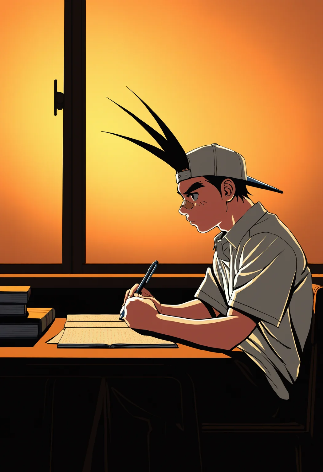 masterpiece, best quality, newest, absurdres, highres, very awa, 1boy, male, male focus, sawamura shouma, hair through headwear, backwards hat, bandaid on nose, white shirt, collared shirt, sitting, chair, table, studying, book, pen, library, bored, light rays, late afternoon, sunset, detailed background, scenery, vintage atmosphere, noir style, soft rim lighting, high contrast, sepia tones, contemplative expression, traditional ink drawing