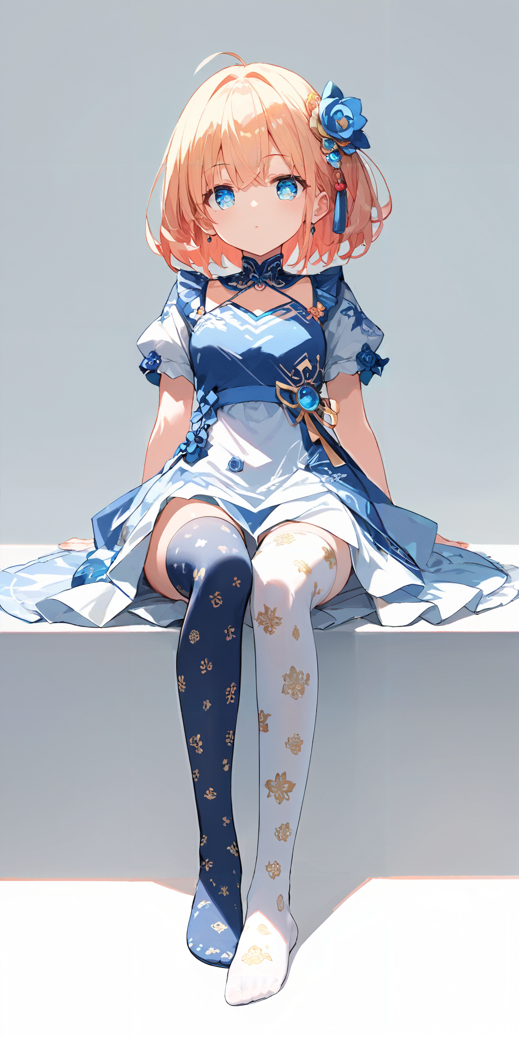 score_9, score_8_up, score_7_up,source_anime, high res image,masterpiece,best quality,girl,cute face,clear skin,shiny hair,ultra detailed eyes,simple background, <lora:ni-so_pony_V1.0:1> jyojifuku, print  thighhighs,dress,foot