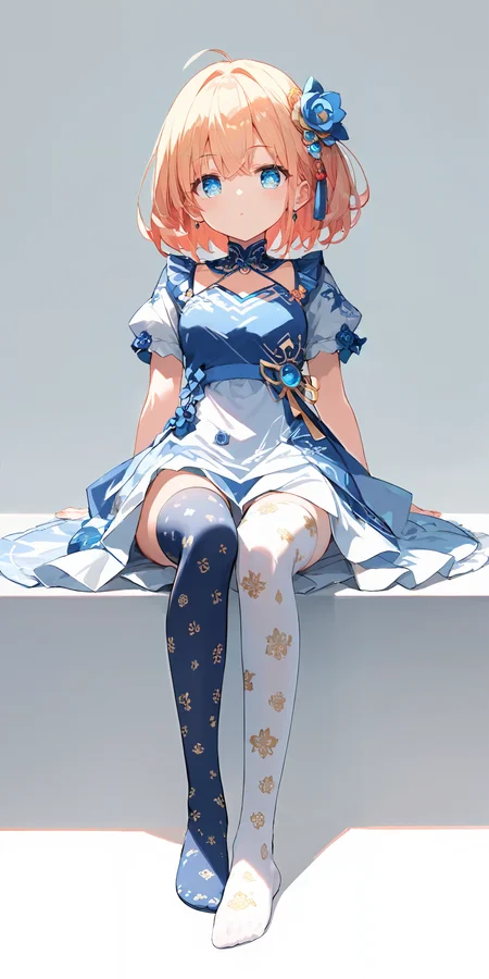 score_9, score_8_up, score_7_up,source_anime, high res image,masterpiece,best quality,girl,cute face,clear skin,shiny hair,ultra detailed eyes,simple background, <lora:ni-so_pony_V1.0:1> jyojifuku, print  thighhighs,dress,foot