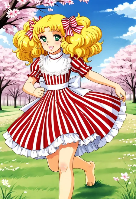 Retro style, 80s style, 1 girl, alone, cute face, green eyes, detailed pupils, pink lips, smiling, blonde hair, curly hair, long hair, pigtails, bun, hair bow, ribbon, medium breasts, puffer dress, red striped dress, knee-length dress, high collar, white lace bib, puff sleeves, white stockings, barefoot, running, depth of field, countryside, grass, hill, trees, cherry blossoms, blue sky, clouds