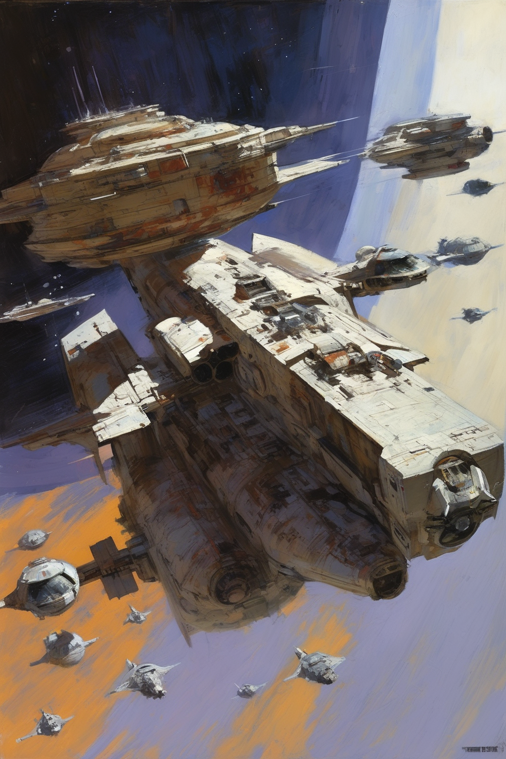 John Harris Style - Star wars style space freighters style of Dean Cornwell