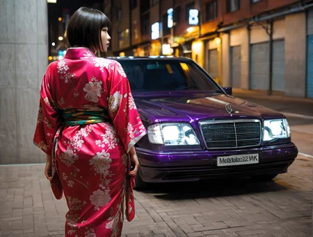 cyberpunk city at night , 1girl, a chubby japanese woman, hair bangs, silk leotard, hands behind back, facing viewer , cyberpunk city at night , 1car, a (purple metalflake) mercedes W124, from the front, gleaming, reflections<lora:wx124sdxl:1>