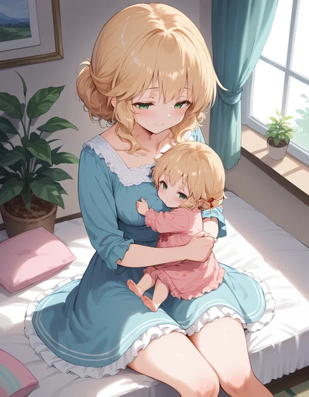 score_9,score_8_up,score_7_up,score_6_up,score_5_up,score_4_up,source_anime,<lora:momoka.pony:0.9>,2girls,sakurai momoka,(affectionate:1.1),(motherly:1.2),baby,hugging object,sitting,felicita,maternity dress,bedroom,window_,plant,curtains,from_above,blonde hair,indoors,green eyes,blue dress,mother and daughter,potted plant,collarbone,blush,closed mouth,on bed,pillow,frilled dress,frills,bed,barefoot,breasts,