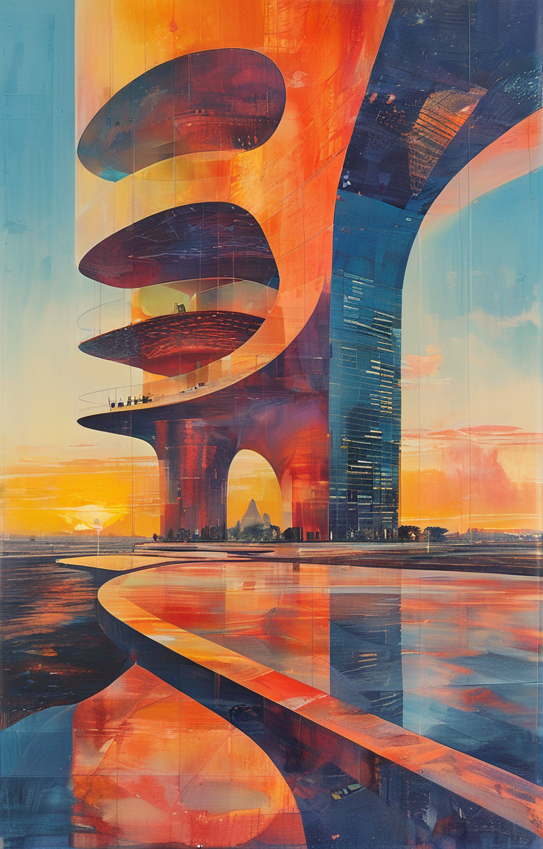 masterpiece,best quality,<lora:tbh311-sdxl:0.9>,illustration,designed by Rem Koolhaas Futuristic skyscraper with organic shapes, inspired by Zaha Hadid, gleaming under a sunset sky