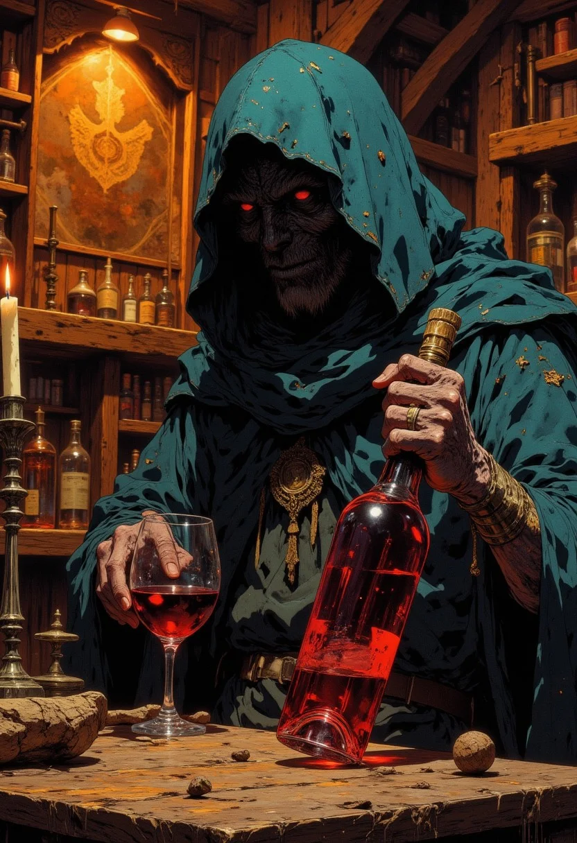 An atmospheric and powerful dark fantasy, natural organic and impressionist classical-style painting of hooded man holding a bottle of wine in dimly lit tavern. His face is covered by dark hood. He sits alone in solitude of the tavern while looking at his half empty red wine bottle. Candle light, abandoned tavern. CAICO