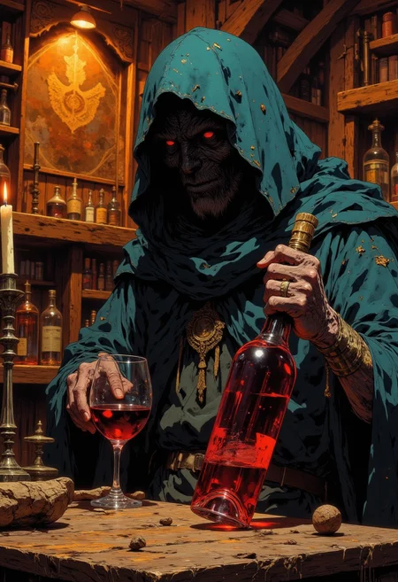 An atmospheric and powerful dark fantasy, natural organic and impressionist classical-style painting of hooded man holding a bottle of wine in dimly lit tavern. His face is covered by dark hood. He sits alone in solitude of the tavern while looking at his half empty red wine bottle. Candle light, abandoned tavern. CAICO