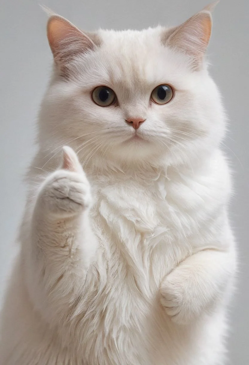Closeup, thumb-up, Envision a whimsical fantasy world where a colossal cute and fluffy cat takes center stage. Picture the carnivores with a mischievous charm, its translucent eyes reflecting a soft glow. Thumb Up Pose,
very detailed, hd, RAW photograph, masterpiece, top quality, best quality, official art,highest detailed, atmospheric lighting, cinematic composition,