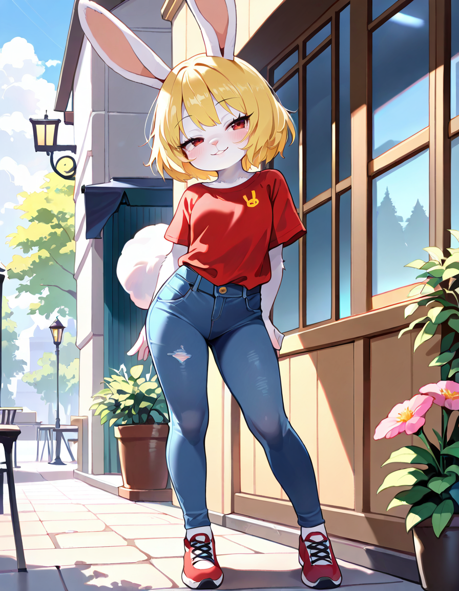 masterpiece, best quality, very aesthetic, absurdres,
outdoors,
full body, standing, casual, 
seductive smile, parted lips, long eyelashes,
 <lora:Carrot_v01_NAIXL-000011:1>
Ca3307,1girl,solo,furry,furry female,rabbit girl,short hair,blonde hair,rabbit ears,red eyes,animal nose,body fur,white fur,rabbit tail,