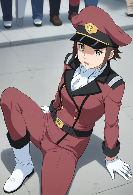 <lora:Hyper-SDXL-8steps-lora:1> <lora:Fixhands_anime_bdsqlsz_V1:1> zPDXL2, score_9, score_8_up, score_7_up, source_anime, intricate details, perfect anatomy BREAK
outdoors, city, tokyo, japan, audience, crowd, sitting, on ground , from above, looking up, feet together,  spread legs,  arm support , leaning back , looking at viewer, yoga pose, Neutral, A relaxed facial expression with a slightly open mouth., 1girl, solo, solo focus, 
<lora:GAGE-AG140millais_alloy_XL(pony)v10:1> (wrinkled skin, aged up:1.2), GAGE-AG140millais, brown hair, short hair, green eyes, red peaked cap, GAGE-AG140millais outfit, red dress, white ascot, white gloves, belt, red pencil skirt, red pants, white boots,