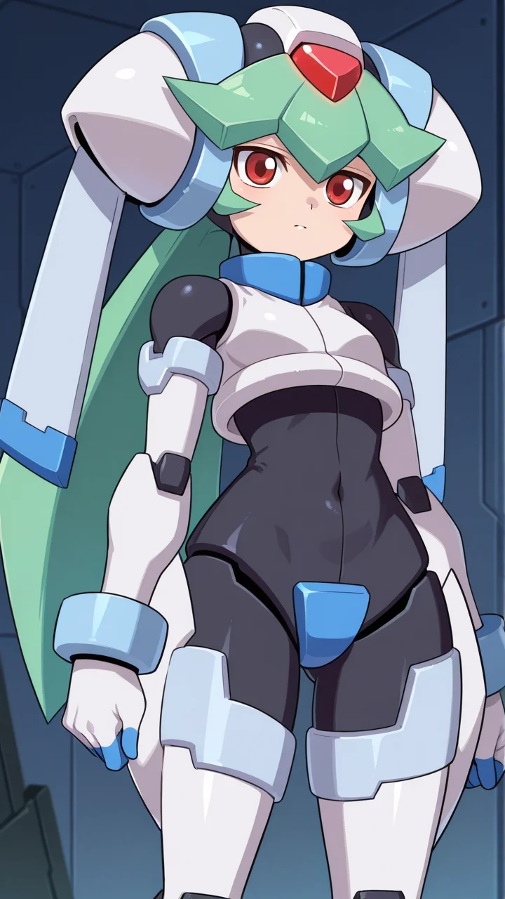 solo,, masterpiece, best quality, amazing quality, very aesthetic, absurdres, newest, anime screencap, <lora:pandoraILM:1>, pandora (mega man), yabe makoto, mega man zx, model w (mega man), android, bangs, red eyes, long hair, very long hair, green hair, white helmet, headwear, forehead jewel, white armor, robot ears, small breasts, joints, bracelet, white gloves, bodysuit, crop top, covered navel, armor, power armor, crotch plate,