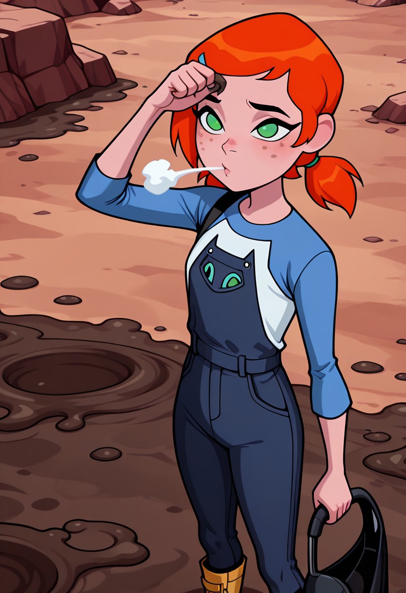 ((screencap, cartoon)) , masterpiece, best quality, amazing quality, very aesthetic, absurdres, newest,
gwenov, orange hair, 1girl,  freckles, shorthair, green eyes, solo, 
raglan sleeves, hairclip,
low twin tails, dark blue overalls, holding shover, wiping forehead, blowing steam, dirty, covered in mud, boots,