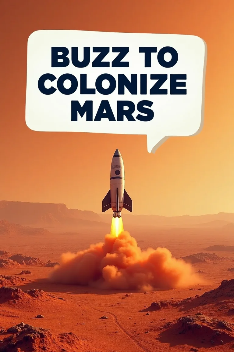 A bold, white text bubble, reading 'BUZZ TO COLONIZE MARS' in bold, blue font. A futuristic landscape of rusty red Martian terrain stretches out before us as a sleek rocket ship descends onto the barren ground, kicking up clouds of reddish dust and debris.