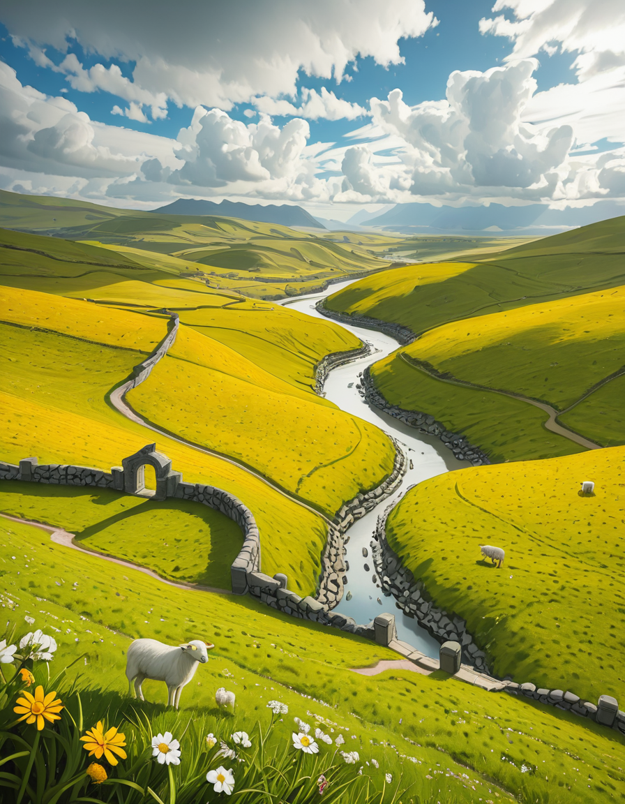 A breathtaking, high-resolution photograph of the rolling plains of Ireland, stretching endlessly under a vast, cloud-streaked sky. The landscape is a lush, vibrant green, with gentle hills covered in soft grass and dotted with scattered wildflowers. Ancient stone walls and winding dirt paths cut through the fields, marking old farmland boundaries. In the distance, a few solitary sheep graze peacefully, their white wool contrasting against the emerald grass. A small, clear river meanders through the valley, reflecting the soft light of the sky. The horizon is framed by low, misty mountains, adding depth and mystery to the scene. Above, the sky is a mix of bright blue and fluffy white clouds, casting dynamic shadows across the landscape as beams of sunlight break through. The atmosphere is serene, timeless, and rich with the natural beauty of the Irish countryside.
<lora:SDXLFaeTastic2400:0.4> <lora:extremely_detailed:0.4> extremely detailed,rolling plains of 1r3l4nd, <lora:rolling_plains_of_1r3l4nd-i:1>, Masterpiece,best quality,hi res,8k,hi res,8k,award winning,(sharp focus, intricate, highly detailed),
