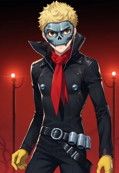 score_9, score_7_up, source_anime
ryuji, 1boy, male focus solo, brown eyes, blonde hair, short hair, skull outfit, mask, skull mask, jacket, black jacket, high collar, leather jacket, leather, scarf, red scarf, gloves, yellow gloves, belt, pants, black pants,
indoor, darkness, dark, lights, red lights,