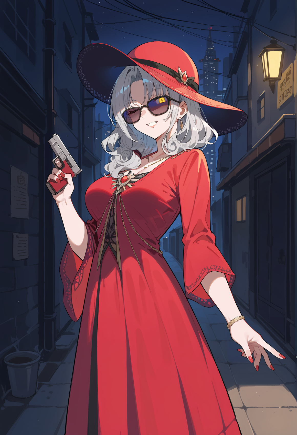 1girl, long hair, grey hair, curly hair, yellow eyes, hat, red dress, jewelry, sunglasses, mature female, medium breasts, standing, alley, night, city light, holding gun, aiming at viewer, wink <lora:Carmilla_v2_XL:1>, score_9, score_8_up, score_7_up, score_6_up, score_5_up, score_4_up, BREAK source_anime, masterpiece