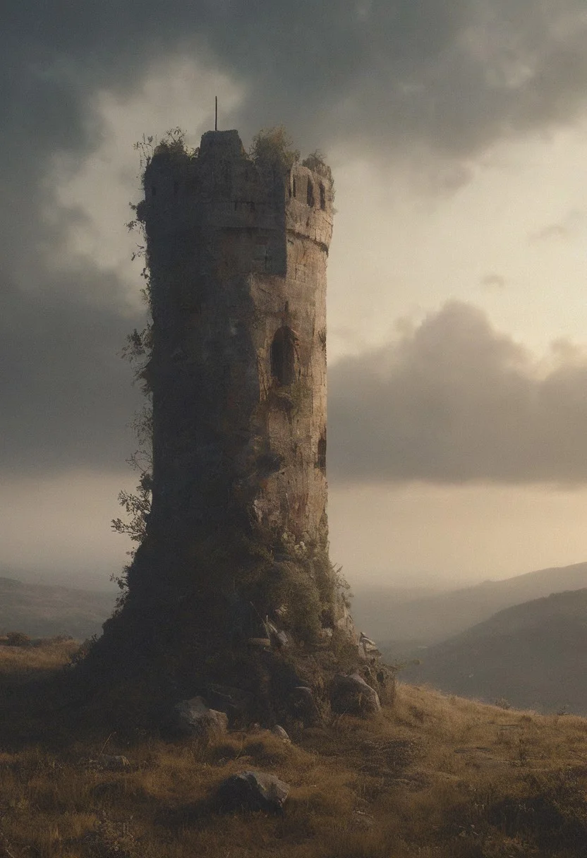 highly detailed, hyper-realistic, 8K CGI render, digital painting, photorealistic texture, desolate medieval watchtower, dawn, 1sentry, adult, solo, weary expression, leaning on spear, crumbling parapet, eyes fixed on giant assassin bug, perched on battlement, spiny legs gripping stone, elongated rostrum poised like blade, ridged carapace gleaming with morning dew, partially drained corpse, chest collapsed inward, mist rising from valley, pale light breaking through overcast clouds, bug in sharp relief, bleak light contrast, sentry’s dread and paralysis, predator and prey symmetry, haunting atmosphere, sharp focus on detail, emotional tension, eerie quiet, ominous mood, unavoidable fate, surreal blending of naturalistic textures and lighting.