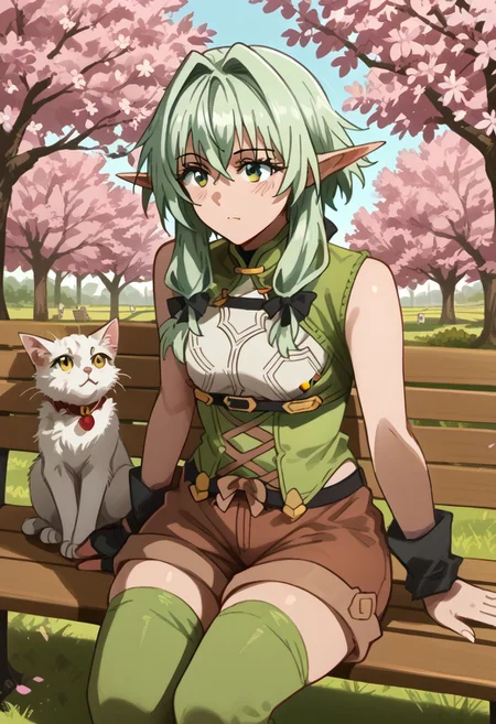score_9, score_8_up, score_7_up, score_6_up, score_5_up, score_4_up, BREAK, girl focus, source_anime, 1girl, perfect eyes, perfect hands, big irises, negative_hand, BREAK, High_Elf_Archer_(Goblin_Slayer!), green_eyes, green_hair, short_hair_with_long_locks, small_breasts, pointy_ears, BREAK, hair_bow, sleeveless_shirt, brown_shorts, single_sleeve, green_thighhighs, BREAK, park, bench, tree, paddels, cherry tree, cherry blossom, cat, cat on lap, khyle,