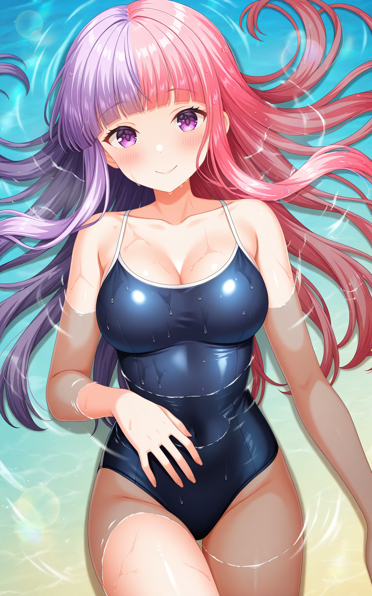 masterpiece, best quality, good quality, newest,4k, perfect lighting, cinematic, very aesthetic, official art, anime screencap, anime coloring,
1girl,solo,hina nigaki,multicolored hair,two-tone hair,split-color hair,purple hair,pink hair,blunt bangs, purple eyes, wet,
competition school swimsuit,medium breasts,
looking at viewer,smile,blush,lying,on back,on water,floating on water,floating hair,blue water,afloat,from above,BREAK
<lora:ILhina:0.9>