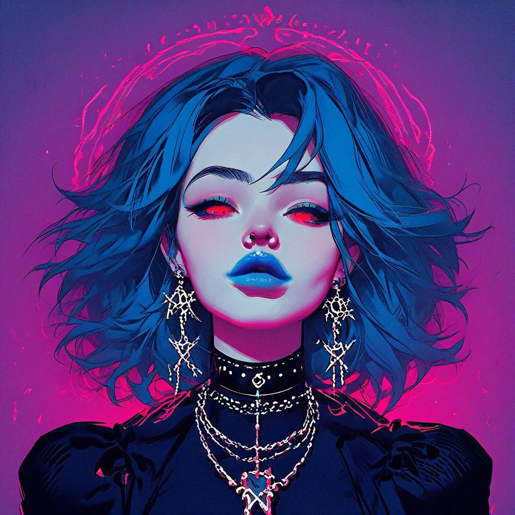 score_9, score_8_up, score_7_up, score_6_up, score_5_up, score_4_up, <lora: Expressiveh: 1>, <lora: g0thicPXL, glowing, neon: 0.7>, <lora:narrowed-eyes-ponyxl-lora-nochekaiser:1>, narrowed eyes, 1 girl, gorgeous face, big eyes, red eyes, long blue hairs, blue hairs, close up, big gorgeous lips, hotglossed blue lips, black choker, small nose, neghands, Face pointed straight ahead at the viewer
