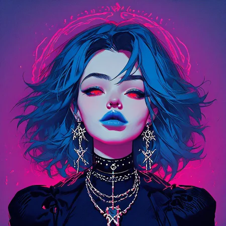 score_9, score_8_up, score_7_up, score_6_up, score_5_up, score_4_up, <lora: Expressiveh: 1>, <lora: g0thicPXL, glowing, neon: 0.7>, <lora:narrowed-eyes-ponyxl-lora-nochekaiser:1>, narrowed eyes, 1 girl, gorgeous face, big eyes, red eyes, long blue hairs, blue hairs, close up, big gorgeous lips, hotglossed blue lips, black choker, small nose, neghands, Face pointed straight ahead at the viewer