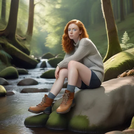 <lora:sophie-molgrin_xl:0.75> sophie-molgrin sitting on a large rock beside a tranquil forest stream, wearing a cozy, knitted sweater and a pair of rugged hiking boots. Her expression is thoughtful and serene, as she gazes out over the flowing water. The scene is surrounded by dense trees and the soft glow of dappled sunlight filtering through the canopy.