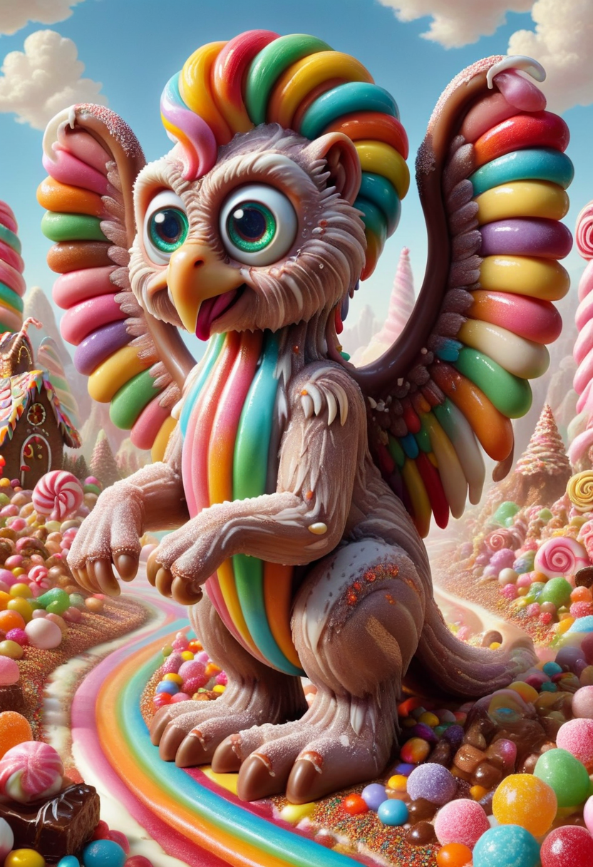 DonMC4ndyL4ndXL  enormous roaming creeping nostalgic hominid entity,  unguligrade appendages,  bushy-tailed, slimy skin,    griffin wings,, candyland <lora:DonMC4ndyL4ndXL:1>