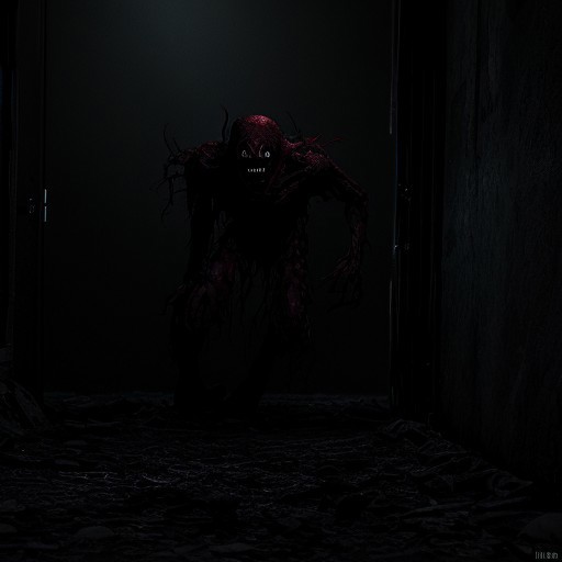 horror scene, knife, indoors, night time, gore, glowing eyes, evil, evil demon, soft errie dim lighting giving just enough light to see the danger ahead, even though it is night and dark there are multiple light sources throughout the scene so it is not overly dark. Horror cinematic lightning. terrifying level 12 out of 10