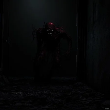 horror scene, knife, indoors, night time, gore, glowing eyes, evil, evil demon, soft errie dim lighting giving just enough light to see the danger ahead, even though it is night and dark there are multiple light sources throughout the scene so it is not overly dark. Horror cinematic lightning. terrifying level 12 out of 10