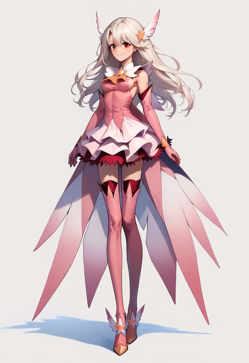 score_9, score_8_up, score_7_up, source_anime,(1girl), solo, white hair, red eyes, long hair, hair ornament, feathers, pink dress, elbow gloves, magical girl, pink thigh Boots, ((((tall female, adult, long legs, medium breasts)))), sideboob, standing, full body, smiling, grinning