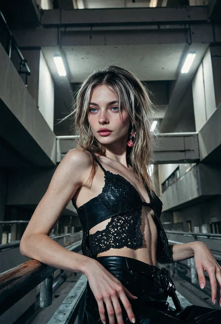 Pictorialist cowboy shot photo showcasing the beauty of young slim european woman, 26yo, with piercing hazel eyes round lips seen in a supermodel pose. She has tousled dyed emo-scene hair with wispy bangs and red e-girl makeup and lipgloss, wearing revealing crochet bustier top with a lace leather skirt in combination with earrings. Set on an abyssal brutalist stairwell structure, with suspended balconies that defy gravity, on a dark clear summer night. With diffuse broad and short lighting, bloom, authentic <lora:flux_skinny_slider> <lora:flux_SkinDetails_v8> <lora:flux_UltraRealPhoto> <lora:flux_SameFace_Fix>