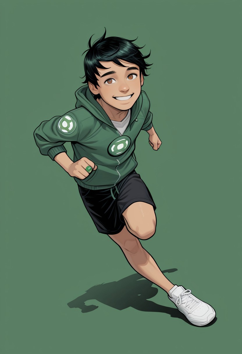 masterpiece, absurdres, high quality, perfect anatomy, 1boy, solo, cute boy, male focus, TaiPham, Black Hair, Green Lantern Ring, brown eyes, green jacket, hood, black shorts, big smile, cinematic, intricately detailed illustration, depth of field, masterpiece, best quality, amazing quality, very aesthetic, absurdres, newest, very awa,  shadow, dynamic angle, casual cosplay, dynamic pose, simple background, green theme