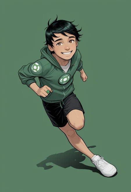 masterpiece, absurdres, high quality, perfect anatomy, 1boy, solo, cute boy, male focus, TaiPham, Black Hair, Green Lantern Ring, brown eyes, green jacket, hood, black shorts, big smile, cinematic, intricately detailed illustration, depth of field, masterpiece, best quality, amazing quality, very aesthetic, absurdres, newest, very awa,  shadow, dynamic angle, casual cosplay, dynamic pose, simple background, green theme