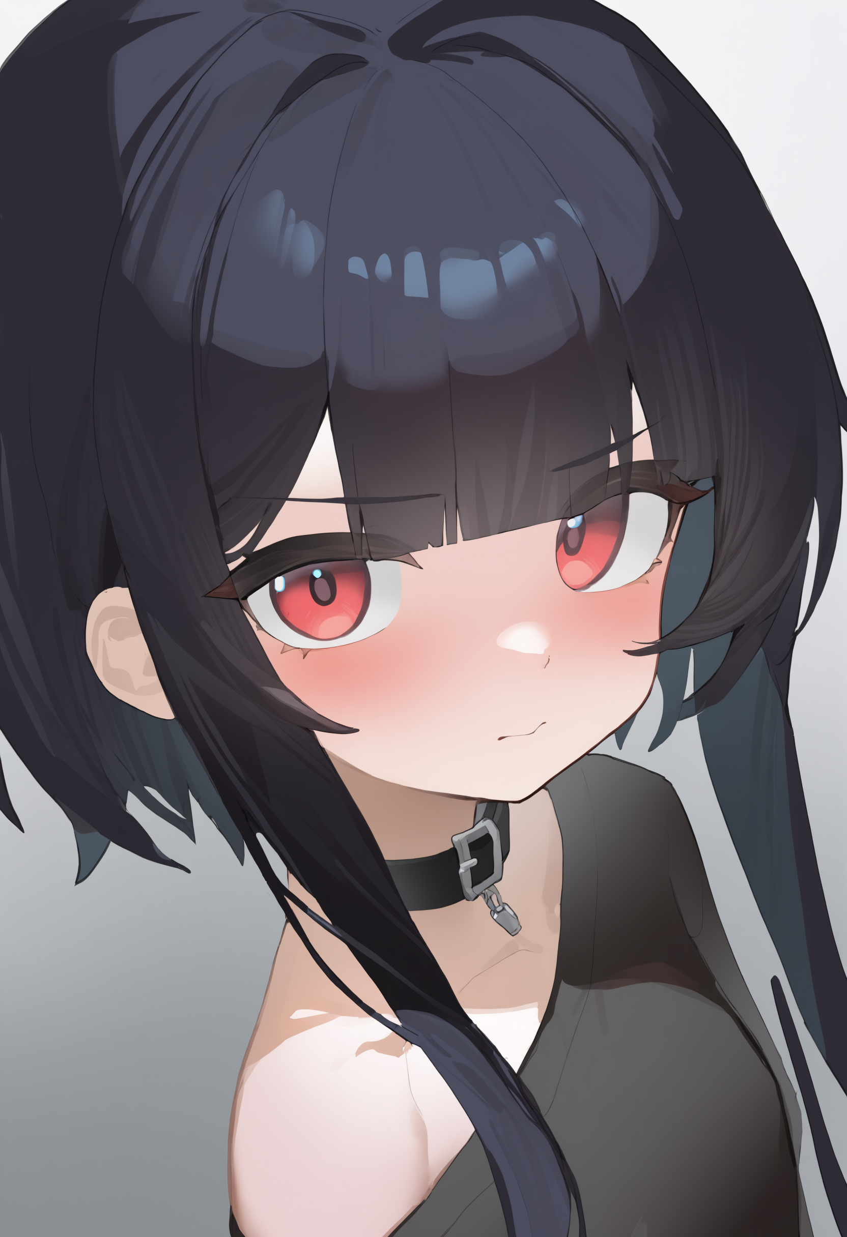 masterpiece, best quality, newest, absurdres, highres, very awa, anime screencap, no lineart:1.3, sketch, simple background, 1girl, solo, black hair, looking at viewer, closed mouth, portrait, collar, simple background, upper body, red eyes, blush, sidelocks, grey background, blunt bangs, black shirt, short hair with long locks, short hair, shirt, eye focus