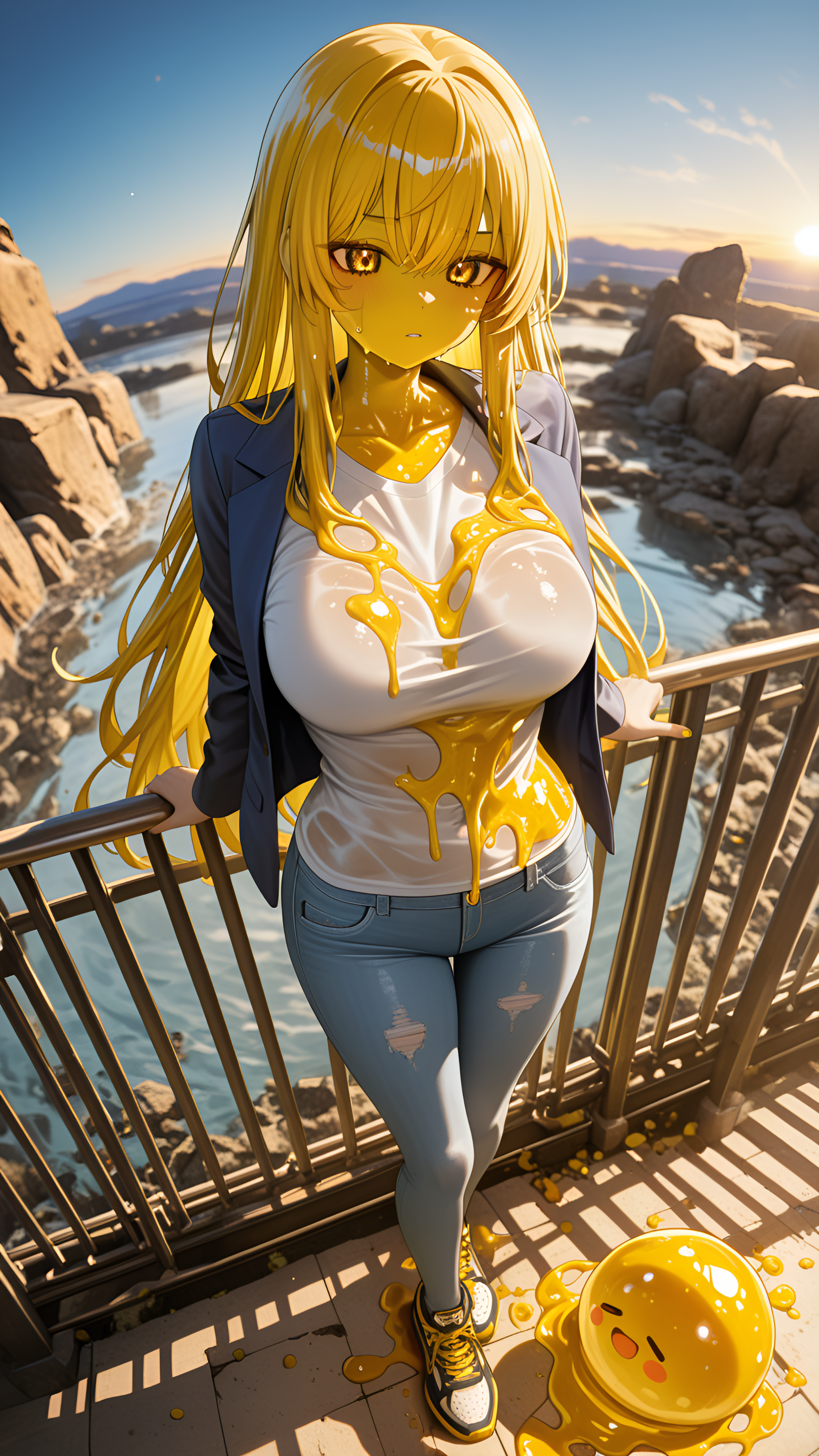 barefoot, Lemon Yellow Theme, depth of field, evening, leaning back against railing, white t-shirt, Standing, ambient occlusion, 1boy, Wet Surface / Wet Look, Forgery Artist, HDR, best quality, motion_lines:1.1, very aesthetic, Flowing locks, fisheye, dreamcore, polarized, ray_tracing, light skin, Polluted hot springs terrace, large breasts, newest, examining a jeweled dagger, unnatural mineral colors., masterpiece, human, slime_(creature), 1girl, ultra-detailed, Navy blue blazer, long_nails, amazing quality, absolutely eye-catching, Maaya Awatsuki (A Certain Scientific Railgun), anime character, slim-fit jeans, nail_polish, looking out, leather sneakers, Zombie, motion_blur:1.1, absurdres, Rose gold hair, 8K, long hair