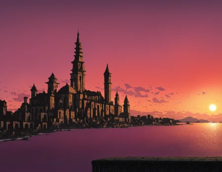 masterpiece, realism, traditional media, no humans, scenery, sunset, sky, cloud, stairs, ocean, outdoors, sun, castle, horizon, building, tower, purple sky, water, cloudy sky, orange sky, twilight, ruins, city, dusk, cityscape, sunlight, red sky, architecture, gradient sky, evening, sunrise, hatching \(texture\), <lora:Lupin the Third Illustrious 0.1:1>