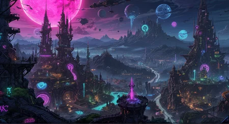 scenic view (from up high a tower:1.08) over a futuristic space city, rockets starting, , settlement on a high rock plateau, otherworldly planet, planets visible, city on distant planet, lighted places, ecologic energy sources (League of legends, (Arcane:1.16), (Jinx:0.3)'s chaotic crazy (toonish:1.08) doodles, (macabre:1.14) neon toon doodles), (neon cyber steampunk style:1.13), (bright neon colors:1.22), (hot pink:1.07), (electric blue:0.95), (lime green:0.92), (extreme highlighted neon colors:1.16), ((insane:1.15) (crazy:1) (chaotic:1.09) (colorful:0.97), (anarchy:1.21) (chaos:1.09)), (insane doodle graffiti:1.16), overdrawn glowing neon-graffiti doodles overlay, League of legends arcane-style (trending:1.16) (masterpiece:1.14), (high image quality:1.08), (RAW:0.96) high definition, <lora:sdxl\pony-realism-22-nsfw-photo.safetensors:0.85:0.18> p13,s9