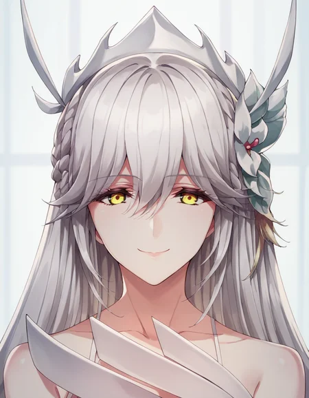 score_9, score_8_up, score_7_up, source_anime,
1girl, solo, looking at viewer, simple background, evil smile,
vysis, silver hair, very long hair, hair between eyes, hair ornament, hair flower, braid, yellow eyes,
scanty dress, white dress, collarbone, cleavage, breasts,
<lora:vysis_anime_v2-soralz:1>