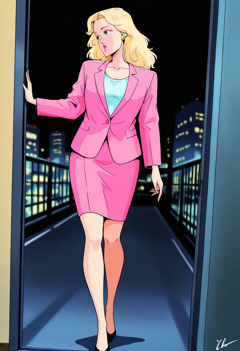 PerrineValleyMB, 1girl, solo, long hair, blonde hair, blue eyes, nose, eyelashes, pink lips, makeup, earrings,  collarbone, large breast, thick thighs, pink formal suit, suit with skirt, pink jacket, pink skirt, shirt,  shoes, high heels,
,seductive pose, sexy pose, tease, 
masterpiece, best quality, ultra-detailed, very aesthetic, detailed background, very aesthetic, newest, scenery, highres, 4k, absurdres, 8k, colorful,vibrant, glowing, perfect face, 2d, perfect eyes, detailed eyes, 
 masterpiece, best quality, ultra-detailed, very aesthetic, newest, scenery, absurdres, perfect anatomy, , perfect face, perfect eyes, mature body, clear eyes, beautiful eyes, athletic, curvy body, athletic girl, perky tits, perfect tits, round breasts, pinup pose, teasing, lustful expression,
muscular female, dutch angle,
,detailed eyes,Smooth Negative, highres, absurdres,   uncensored, city_pop_style, 1980s (style), retro,