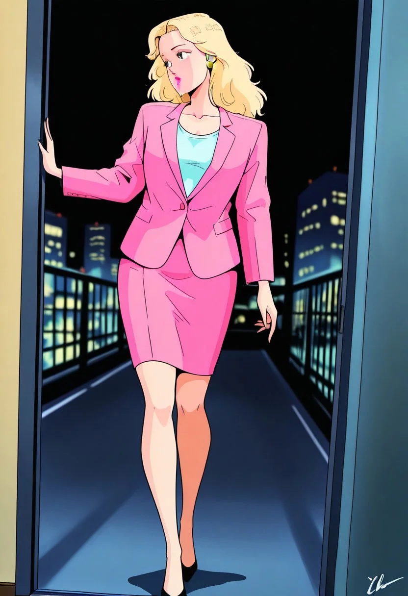 PerrineValleyMB, 1girl, solo, long hair, blonde hair, blue eyes, nose, eyelashes, pink lips, makeup, earrings, collarbone, large breast, thick thighs, pink formal suit, suit with skirt, pink jacket, pink skirt, shirt, shoes, high heels,
,seductive pose, sexy pose, tease,
masterpiece, best quality, ultra-detailed, very aesthetic, detailed background, very aesthetic, newest, scenery, highres, 4k, absurdres, 8k, colorful,vibrant, glowing, perfect face, 2d, perfect eyes, detailed eyes,
masterpiece, best quality, ultra-detailed, very aesthetic, newest, scenery, absurdres, perfect anatomy, , perfect face, perfect eyes, mature body, clear eyes, beautiful eyes, athletic, curvy body, athletic girl, perky tits, perfect tits, round breasts, pinup pose, teasing, lustful expression,
muscular female, dutch angle,
,detailed eyes,Smooth Negative, highres, absurdres, uncensored, city_pop_style, 1980s (style), retro,