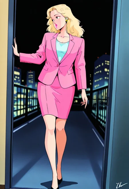 PerrineValleyMB, 1girl, solo, long hair, blonde hair, blue eyes, nose, eyelashes, pink lips, makeup, earrings, collarbone, large breast, thick thighs, pink formal suit, suit with skirt, pink jacket, pink skirt, shirt, shoes, high heels,
,seductive pose, sexy pose, tease,
masterpiece, best quality, ultra-detailed, very aesthetic, detailed background, very aesthetic, newest, scenery, highres, 4k, absurdres, 8k, colorful,vibrant, glowing, perfect face, 2d, perfect eyes, detailed eyes,
masterpiece, best quality, ultra-detailed, very aesthetic, newest, scenery, absurdres, perfect anatomy, , perfect face, perfect eyes, mature body, clear eyes, beautiful eyes, athletic, curvy body, athletic girl, perky tits, perfect tits, round breasts, pinup pose, teasing, lustful expression,
muscular female, dutch angle,
,detailed eyes,Smooth Negative, highres, absurdres, uncensored, city_pop_style, 1980s (style), retro,