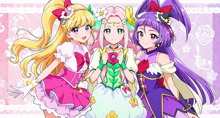 <lora:mahoutsukai_precure_all_in_one_illustXL_locon_v1:0.7> masterpiece, best quality, absurdres, very aesthetic, general, purple background, pink background, multicolored background, 3girls,
cure miracle, cure miracle \(diamond style\), crmrcldiamond, blonde hair, high ponytail, half updo, very long hair, shiny hair, hair beads around ponytail, eyebrows visible through hair, purple eyes, eyelashes, mini witch hat, pink headwear, heart hat ornament, pink hairband, hair ornament, pearl \(gemstone\), tilted headwear, red bow, hair bow, earrings, pink dress, white shirt, puffy short sleeves, red bowtie, red neckwear, brooch, pink skirt, layered skirt, corset, dress bow, pink bow, multicolored waist gem, white gloves, elbow gloves, bracelet, white socks, white legwear, frills, outstretched arms, smile, looking at looking at viewer, from from side,
cure felice, pink hair, sidelocks, twintails, twin braids, very long hair, parted bangs, shiny hair, hair intakes, hair flower, white flower, pink eyes, green eyes, flower in eye, multicolored eyes, flower-shaped pupils, eyelashes, circlet, earrings, butterfly hair ornament, green choker, brooch, pink flower, dress flower, green dress, white sleeves, puffy short sleeves, wrist cuffs, butterfly wings, fairy wings, bubble skirt, white skirt, white pouch, frills, clenched hands, smile, looking at looking at viewer, hands on own chest,
cure magical, cure magical \(diamond style\), crmgcldiamond, purple hair, blunt bangs, shiny hair, very long hair, wide ponytail, half updo, purple eyes, pink eyes, eyelashes, eyebrows visible through hair, mini witch hat, black headwear, hair ornament, hat ornament, tilted headwear, pom pom hair ornament, star hair ornament, star hat ornament, red bow, hair bow, earrings, purple dress, cape, capelet, pink bow, bare shoulders, star ornament, brooch, gem, purple skirt, back bow, outstretched arms, smile, looking at looking at viewer, from side