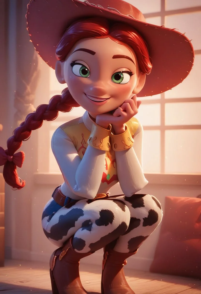 score_9, score_8_up, score_7_up, score_6_up, score_5_up, score_4_up, 1girl, jessie from Toy Story, closeup portrait, Andy s room, looking at viewer, big smile, soft cozy warm lighting, source_pixar, 3D animation, hat, red hair, braid, bow, belt, animal print, cow print, pants, boots