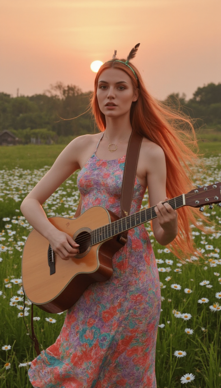 Generate an anime inspired image of a modern hippie girl.

She has long, flowing ruby red hair with A delicate headband adorned with a single, long feather that gracefully trails down her back. The feather is soft and airy, with subtle hints of Pastel Green shimmering within.. 

She wears a flowing maxi dress with entrancing colors and captivating patterns. She is wearing a peace sign necklace.

She is playing an acoustic guitar, surrounded by daisies and butterflies. The sun is setting behind her, casting a warm glow on the scene.

She has realistic skin that is not flawless. She has Glazed amethyst eyes. She has a unique nose. She has a broad chin. She has a elegant East-West breasts. She has natural unshaven body hair.  She has not recently showered, her skin may be a little bit dirty. She wears little make-up except for her lip gloss.  She has painted fingernails