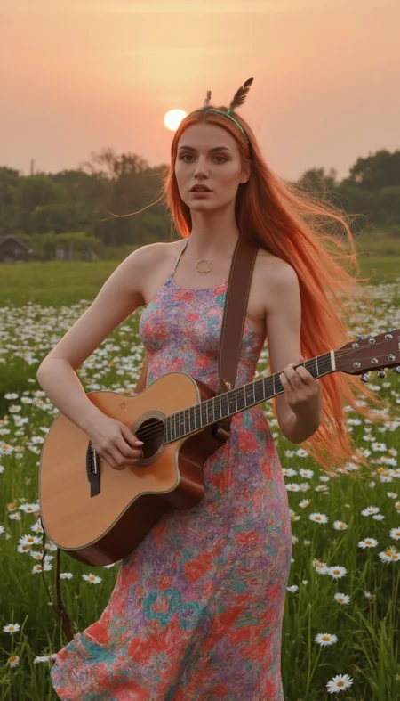 Generate an anime inspired image of a modern hippie girl.

She has long, flowing ruby red hair with A delicate headband adorned with a single, long feather that gracefully trails down her back. The feather is soft and airy, with subtle hints of Pastel Green shimmering within.. 

She wears a flowing maxi dress with entrancing colors and captivating patterns. She is wearing a peace sign necklace.

She is playing an acoustic guitar, surrounded by daisies and butterflies. The sun is setting behind her, casting a warm glow on the scene.

She has realistic skin that is not flawless. She has Glazed amethyst eyes. She has a unique nose. She has a broad chin. She has a elegant East-West breasts. She has natural unshaven body hair.  She has not recently showered, her skin may be a little bit dirty. She wears little make-up except for her lip gloss.  She has painted fingernails
