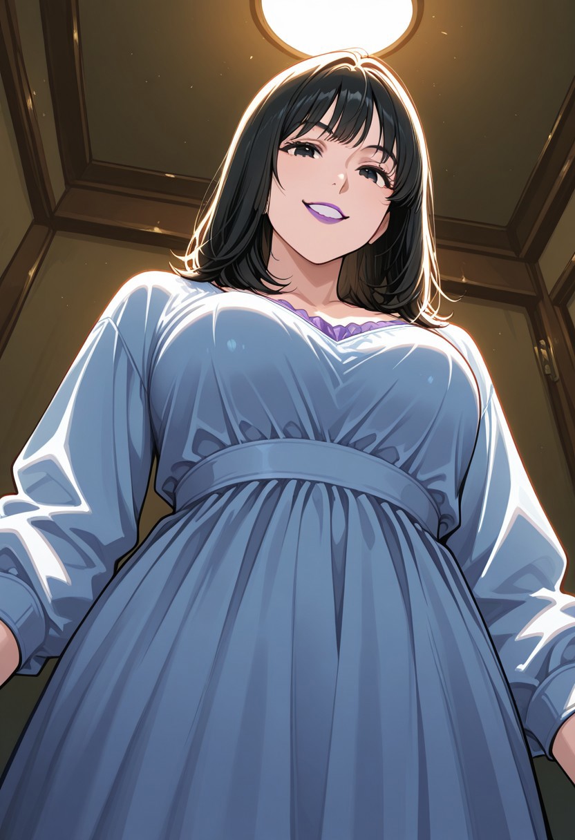 1girl, solo, medium build, medium hair, good lighting, sfw, safe for work, covered skin, flowy dress,  black eyes, purple lipgloss, smiling, 
frombelowILL, from below, low pov, low angle