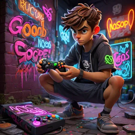 pc gamer boy , using controller , graffiti neon images of a neon lit sign with the text 'NoScopeGOD'