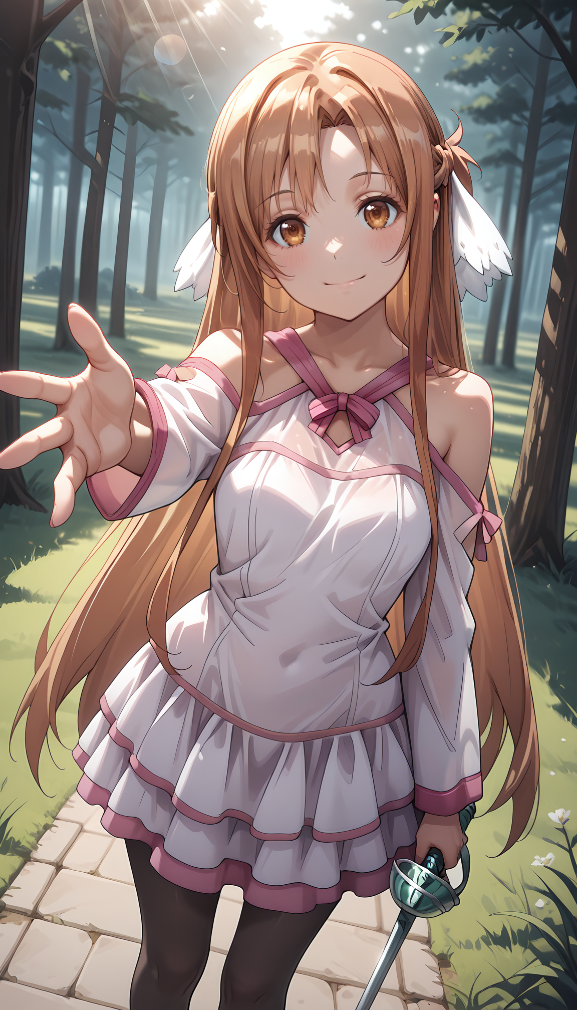 masterpiece,best quality,amazing quality, <lora:IL_Asuna_Stacia_nightgown:0.75> astnig, asuna \(sao\), long hair, brown hair, brown eyes, white hair ribbon, halterneck, ribbon trim, off shoulder, long sleeves, white nightgown, two-tone dress, pink trim, layered skirt, standing, black pantyhose, grasslands, trees, sunlight, rapier, looking at viewer,  depth of field, dutch angle, (reaching:1.2), sunlight, lens flare, head tilt, light smile, happy,  <lora:IL_Between_pencils_and_semi-realism_Style:0.7> stbedap