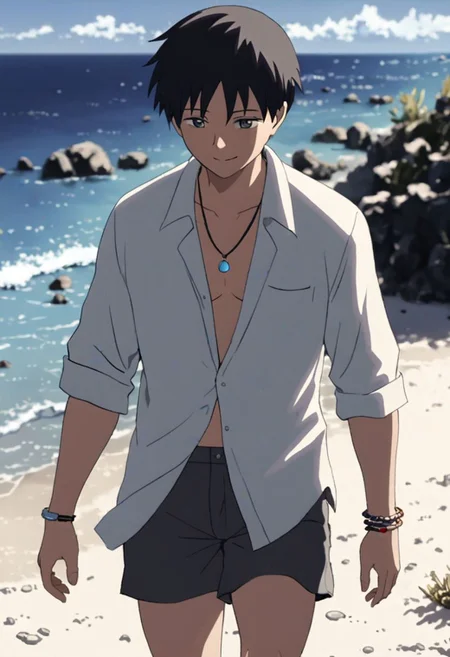 Highres, Masterpiece, High Quality, 4K, 8K, solo, 1Boy, Takaki Toono, adult, black hair, short hair, beach, calm, white sand, small coral, pebbles, clear sky, quiet, peaceful, walking, candid, breeze, footprints, happy, open shirt, shorts, sixpack, necklace, bracelet, easynegative, detailed_eye_model