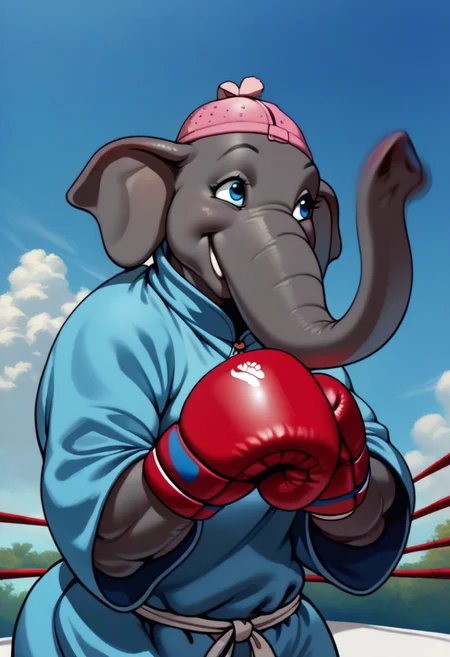 solo, 1boy, anthro, black eyes, elephant ears, anthro elephant_female, Bbw plume hat, elephant trunk, trunk nose, yellow eyes, purple cape, headwear wide sleeves, high collar, multicolored hair, ,(boxing outfit),1girl,, muscular, muscle, light_smile, mature woman, wrinkled face, defensive pose, zPDXL3, pov_boxing
incoming_punch motion blur (anthro elephant, elephantmatriarch), happy, blue eyes, trunk nose, trunk, tail,pink hat, blue shawl with pink fringe, pink boxing gloves